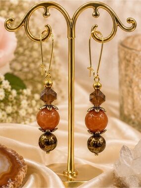 Carnelian Agate & Crystal Dangle Earrings 18K Gold Plated Ear Wires